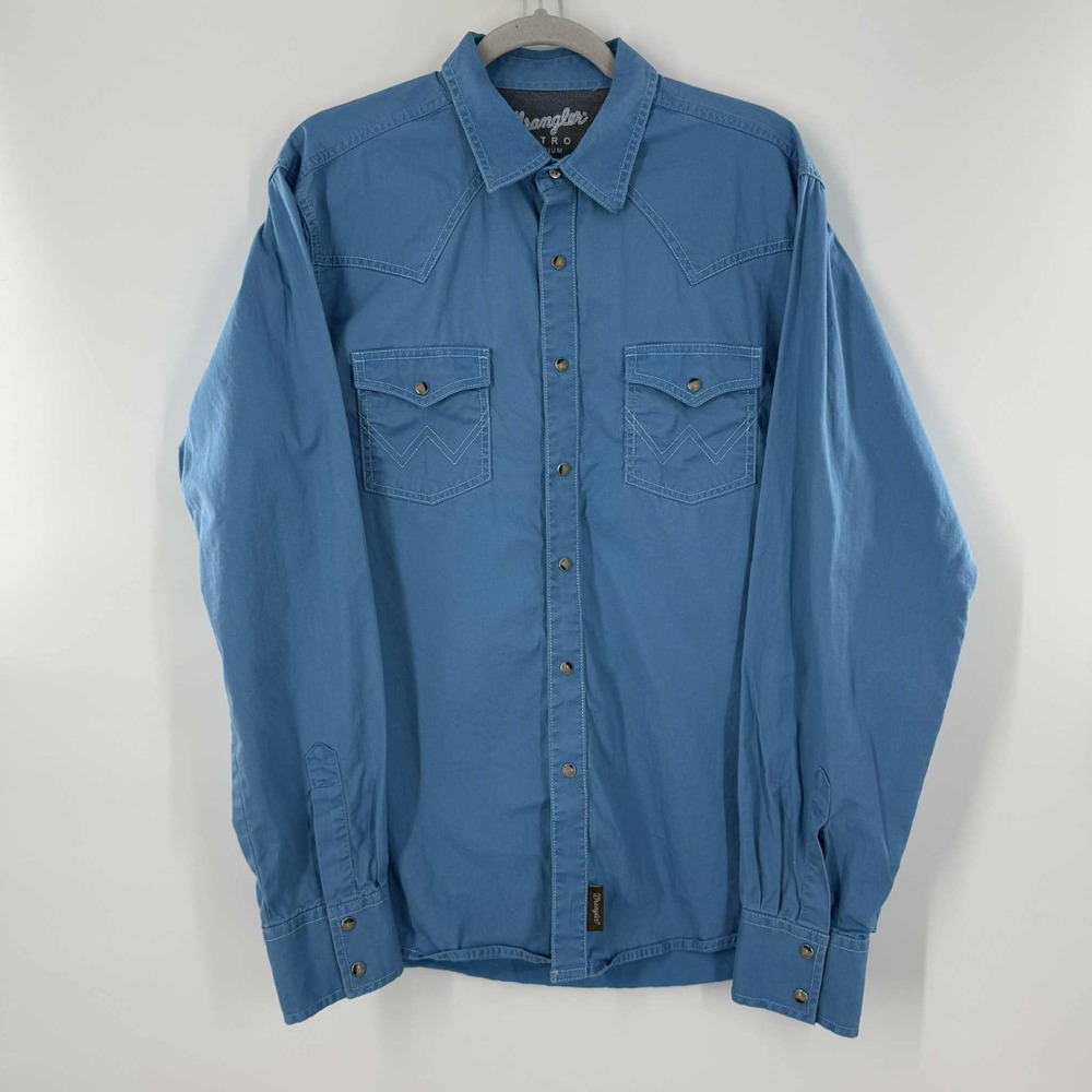 Wrangler Mens Large Retro Western Shirt TRIM FIT Blue Pearl Snap Long Sleeve